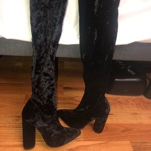 Black velvet knee high boot